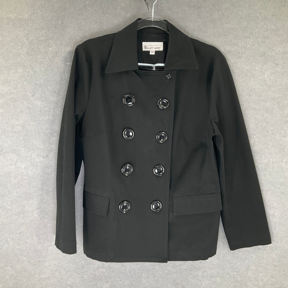 Elliott Lauren Women's Sz 10 Black Double Breasted Cotton Blend Unlined Jacket‎